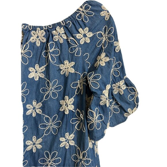 eci NY Embroider Denim Blue Jean Mini Dress Size 10 Round Neck Ruffled Cute - Picture 6 of 10